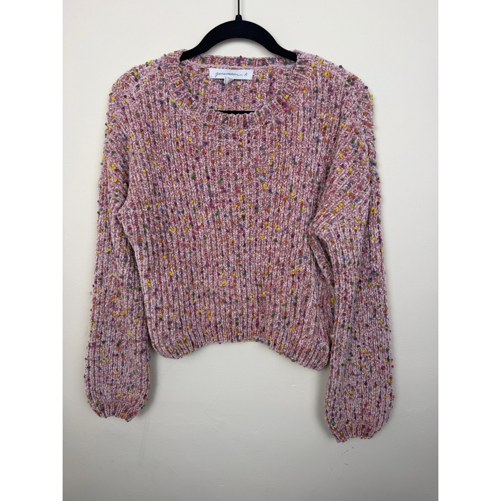 Pink Chenille Confetti Pom Pom Sweater XL Colorful Cozy